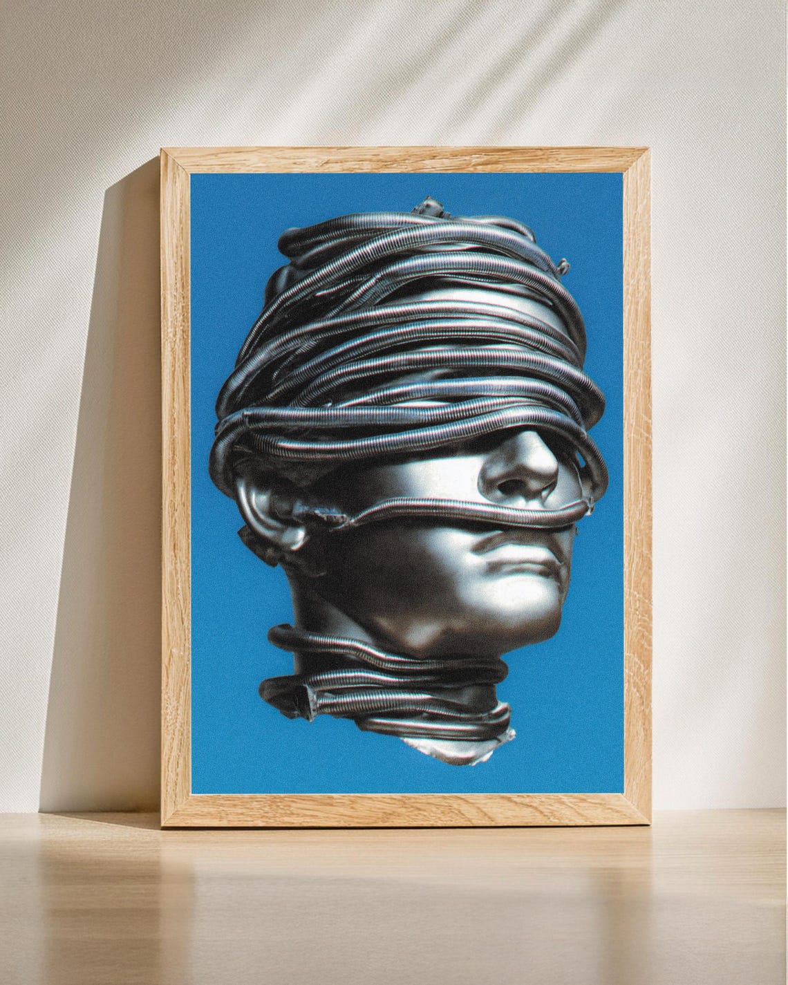 Chrome Head Coiled Cables Side Profile Cyber Futuristic Art Poster