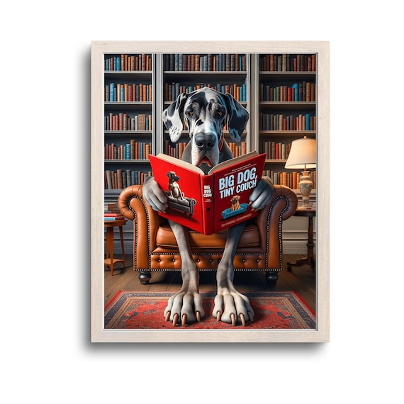 Great Dane Reading Big Dog Tiny Couch Book In Cozy Library Poster