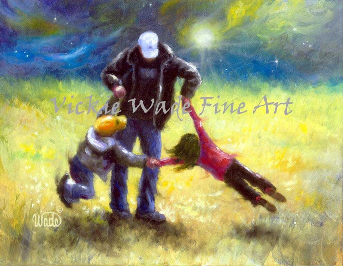 Father Spinning His Son and Daughter in a Grassy Field Poster