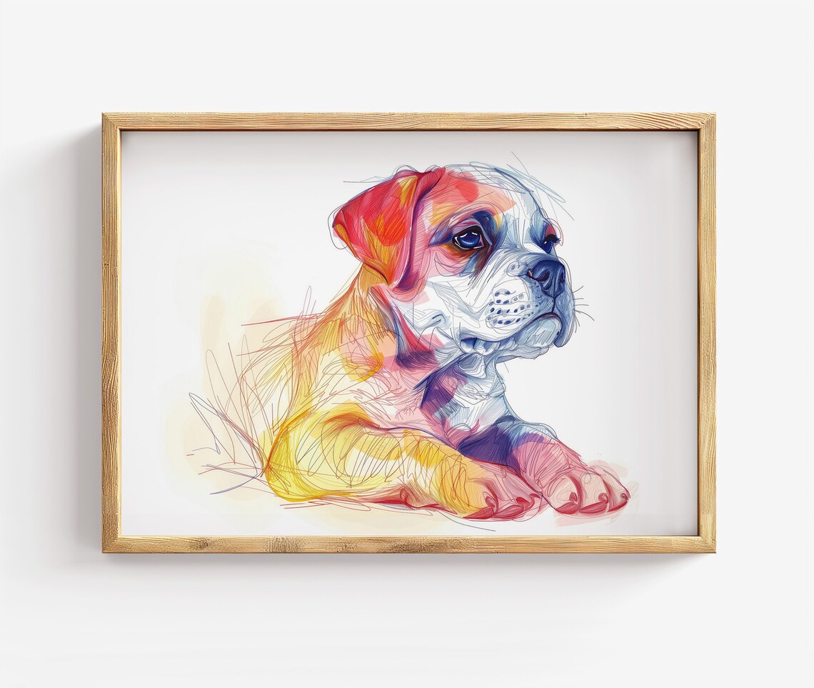 Bulldog Puppy Watercolor Sketch Lying Down Playful Pet Art Poster