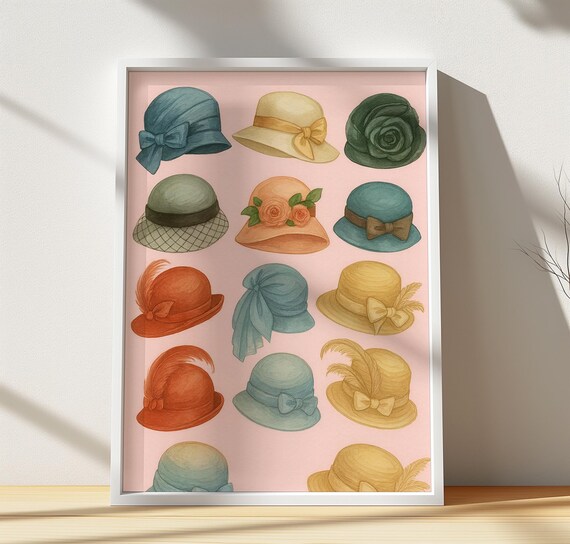 Vintage Cloche Hats Watercolor Pink Retro Millinery Wall Art