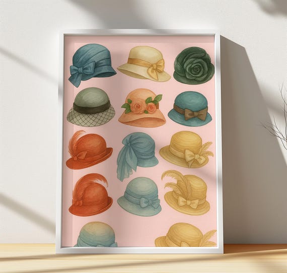 Vintage Cloche Hats Watercolor Print Girly Retro Fashion Decor