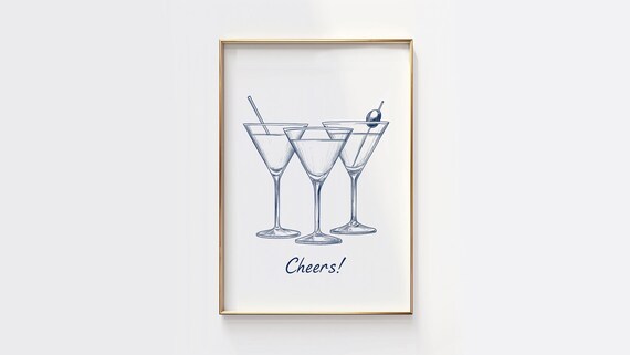 Cheers Three Martini Glasses Ink Sketch Bar Cart Party Poster