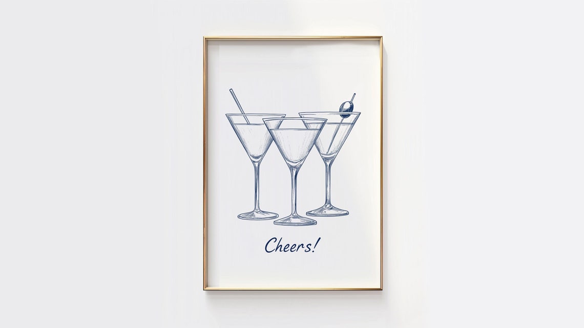 Cheers Three Martini Glasses Ink Sketch Bar Cart Party Poster