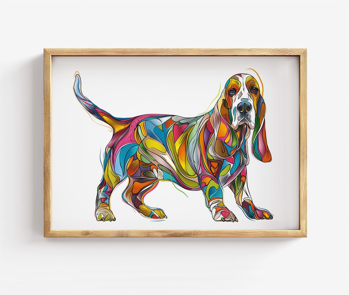 Colorful Basset Hound Stained Glass Line Art Dog Portrait Poster