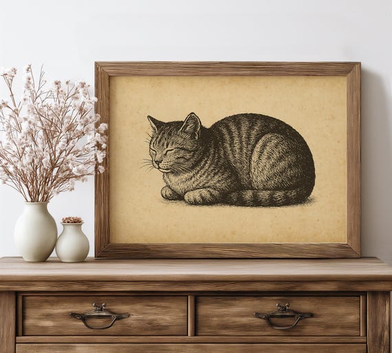 Vintage Cat Art Print Rustic Minimalist Home Decor