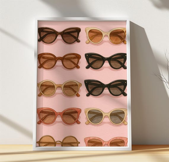 Retro Sunglasses Fashion Illustration Girly Pink Midcentury Wall Art