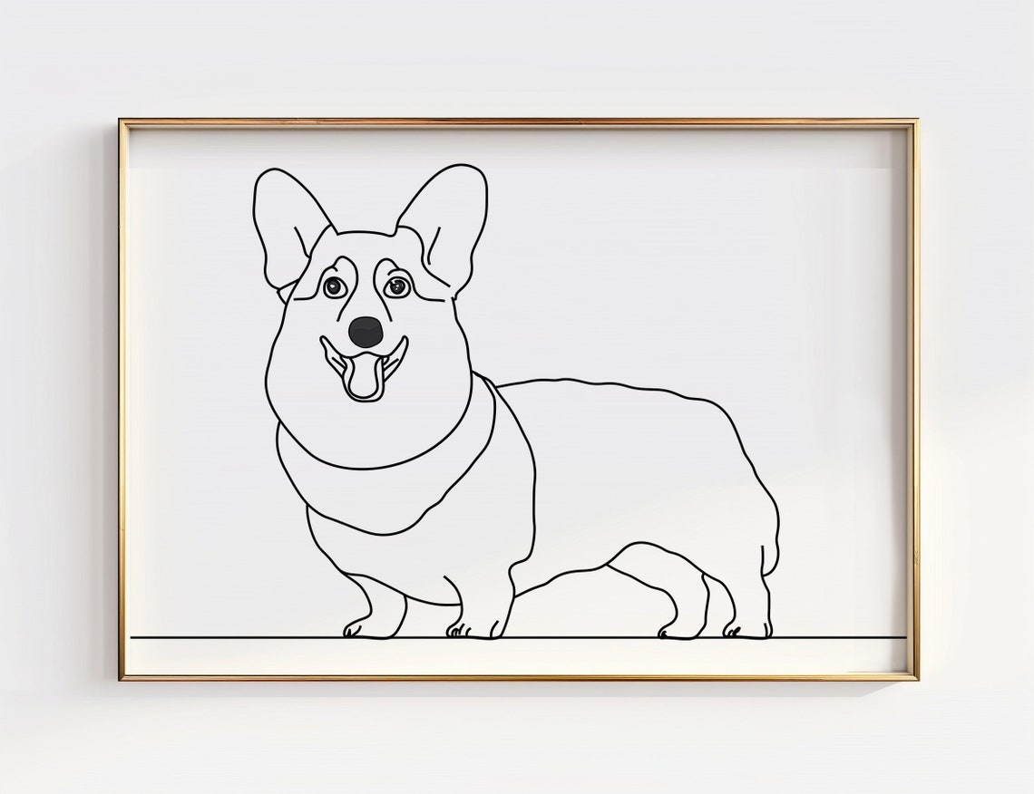 Happy Smiling Corgi Minimalist Single Line Art Dog Portrait Poster