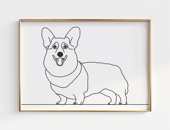 Happy Smiling Corgi Minimalist Single Line Art Dog Portrait Poster