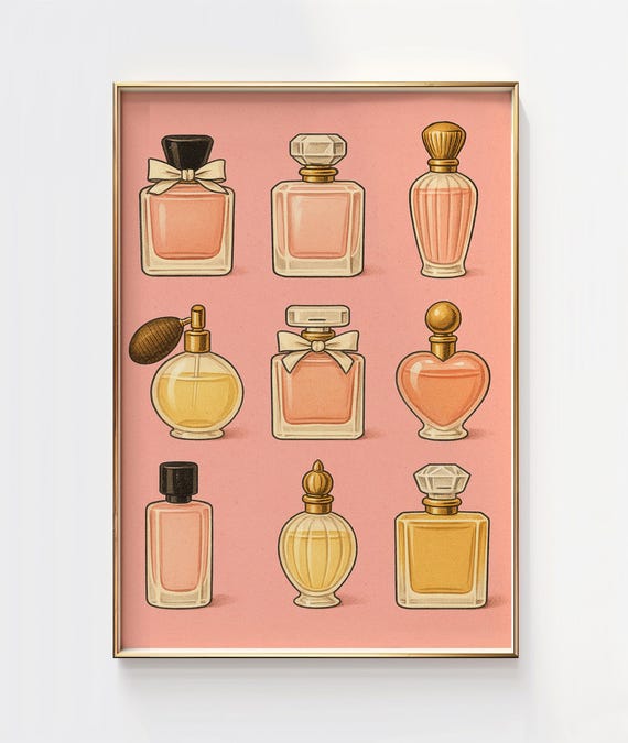 Pastel Pink Perfume Bottle Print Girly Retro Bedroom Wall Art