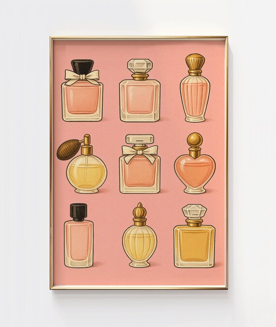 Pastel Pink Perfume Bottles Retro Girly Vanity Beauty Wall Art