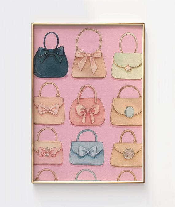 Girly Handbag Illustration Vintage Purse Wall Art Pink Room Decor