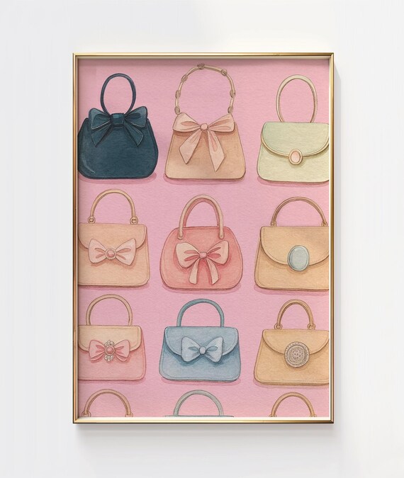 Vintage Handbag Illustration Pink Retro Purse Collection Wall Art