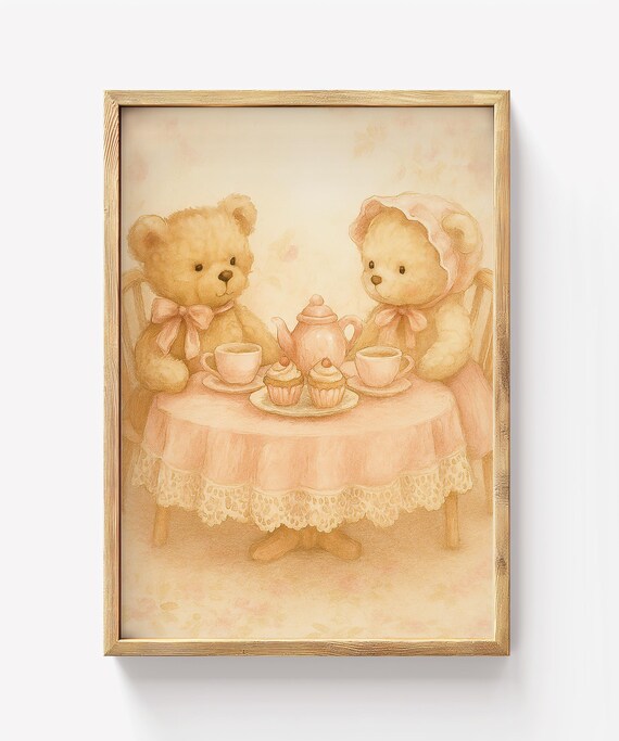 Teddy Bears Tea Party Pastel Nursery Kids Bedroom Art Poster