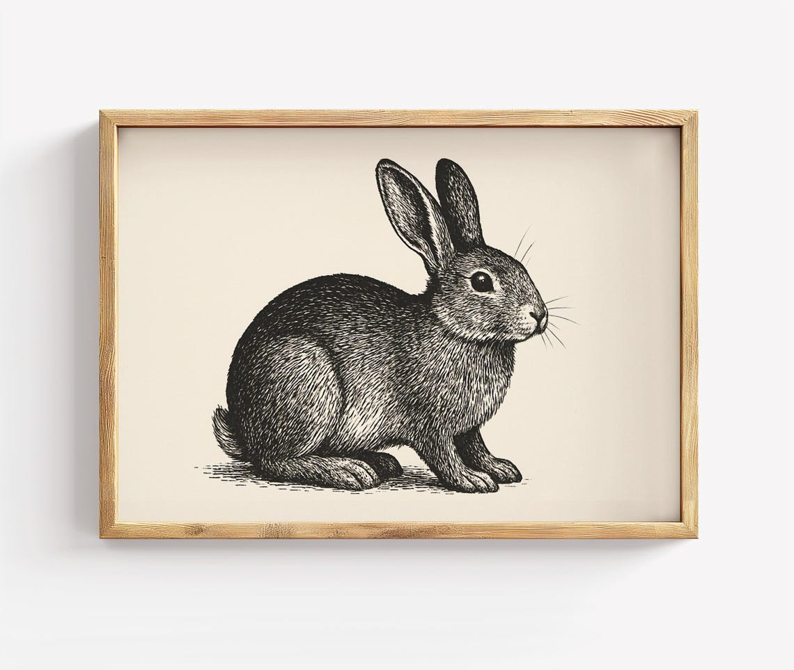 Vintage Rabbit Illustration Print Minimalist Black And White Bunny Art