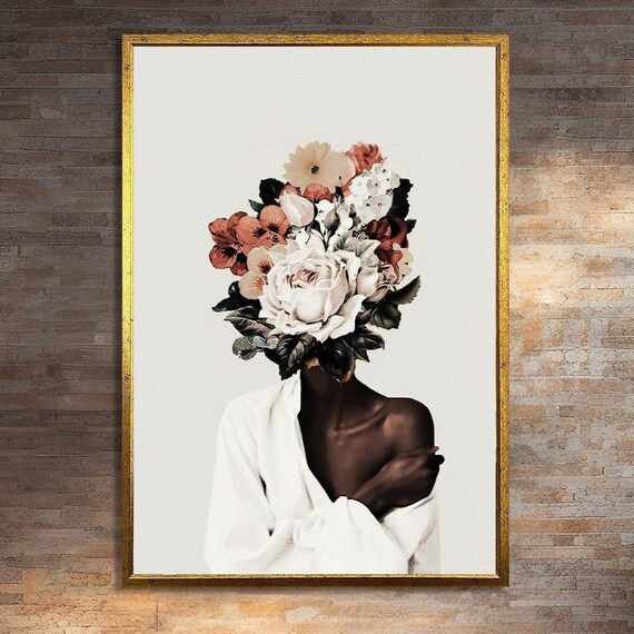 Elegant African Woman Portrait, Floral Headpiece Art