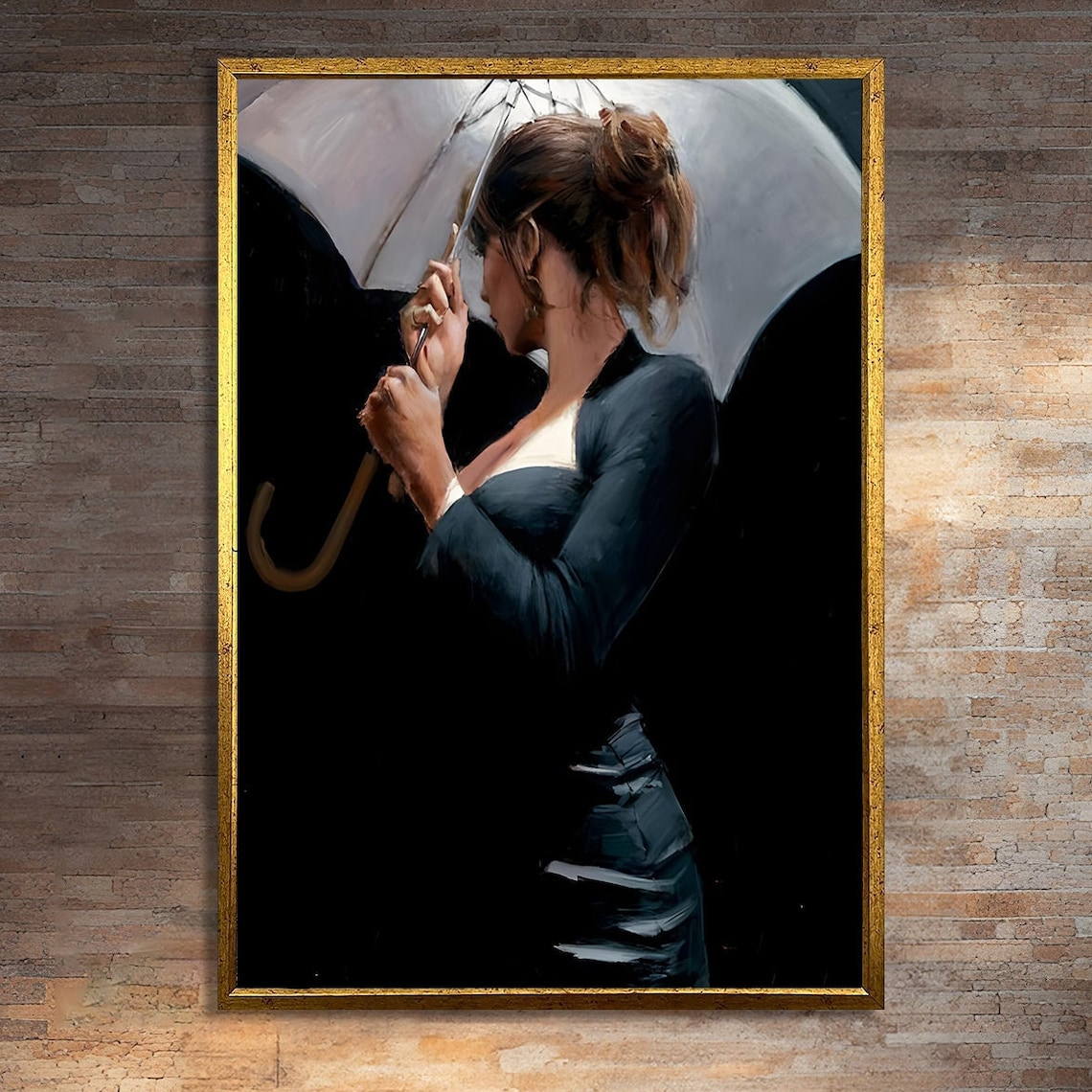 Elegant Woman in Black Dress Holding Umbrella, Modern Art Print