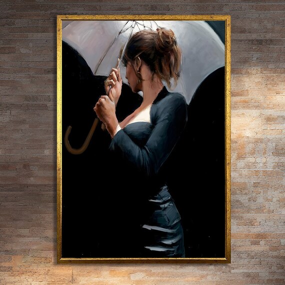 Elegant Woman in Black Dress Holding Umbrella, Modern Art Print