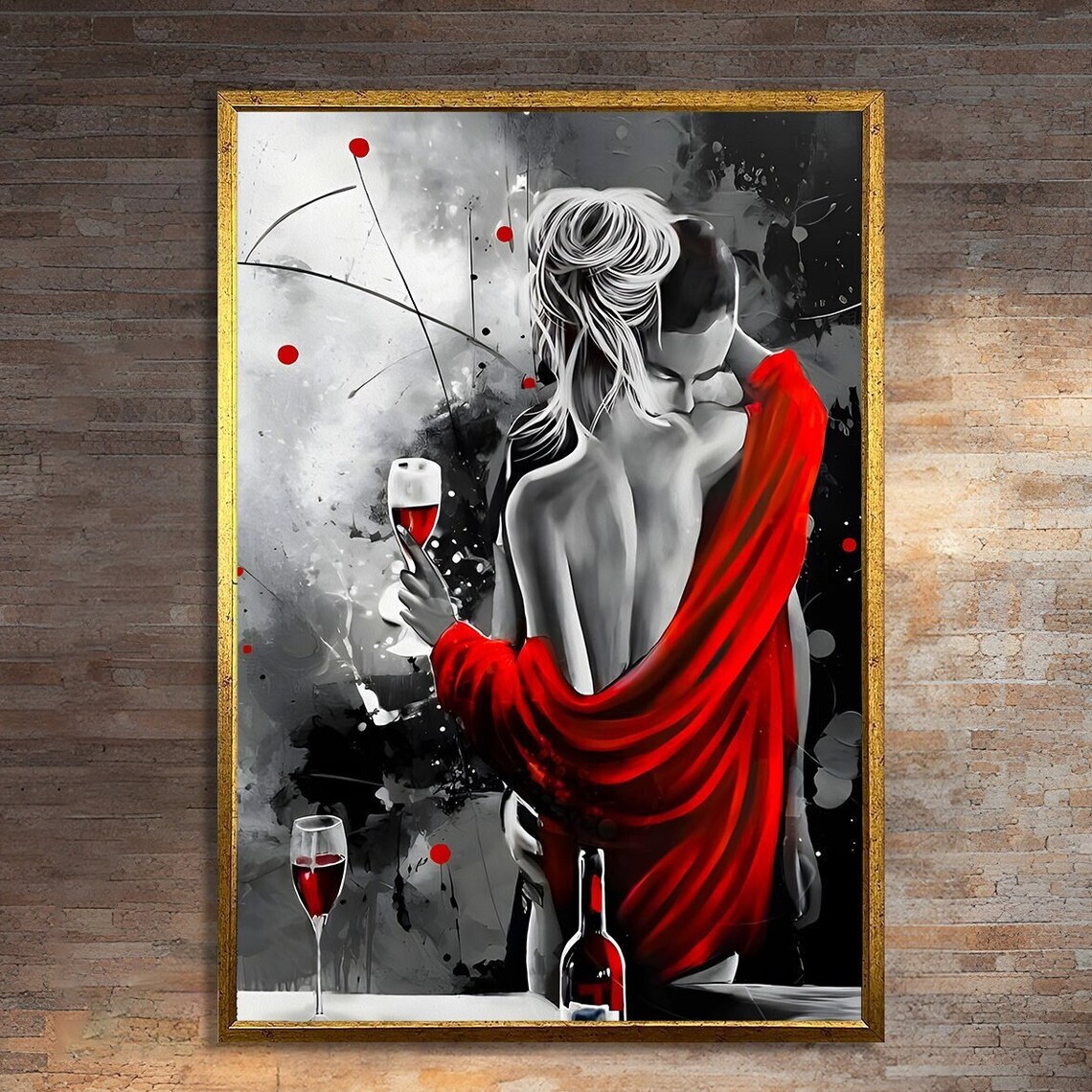 Romantic Red Embrace, Lovers With Wine Art Print