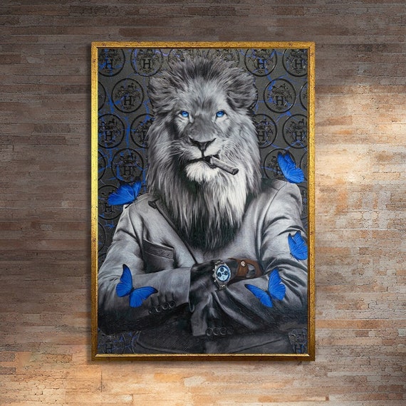 Stylish Lion With Blue Butterflies, Modern Animal Art Print
