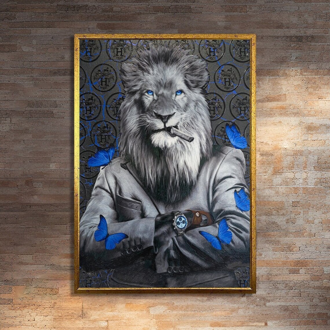 Stylish Lion With Blue Butterflies, Modern Animal Art Print