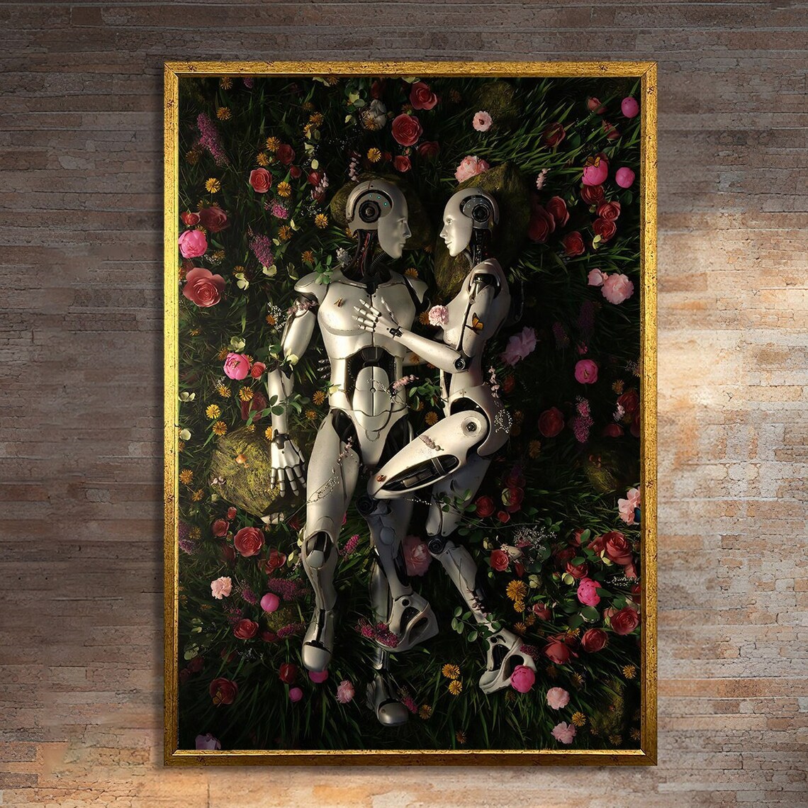 Robotic Lovers Resting in a Flower Field, Art Print