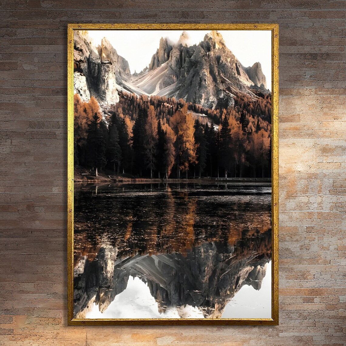 Serene Mountain Reflection, Autumn Forest Lake Art
