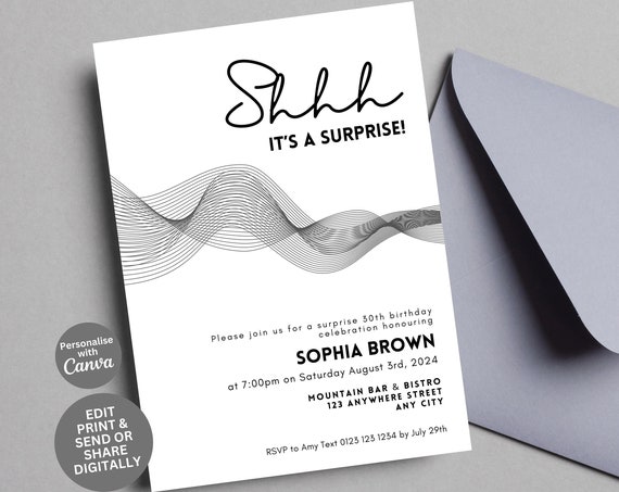 Minimalist Surprise Party Invitation Editable Template Shhh Its A Surprise Birthday Party Black And White Invite Editable Canva