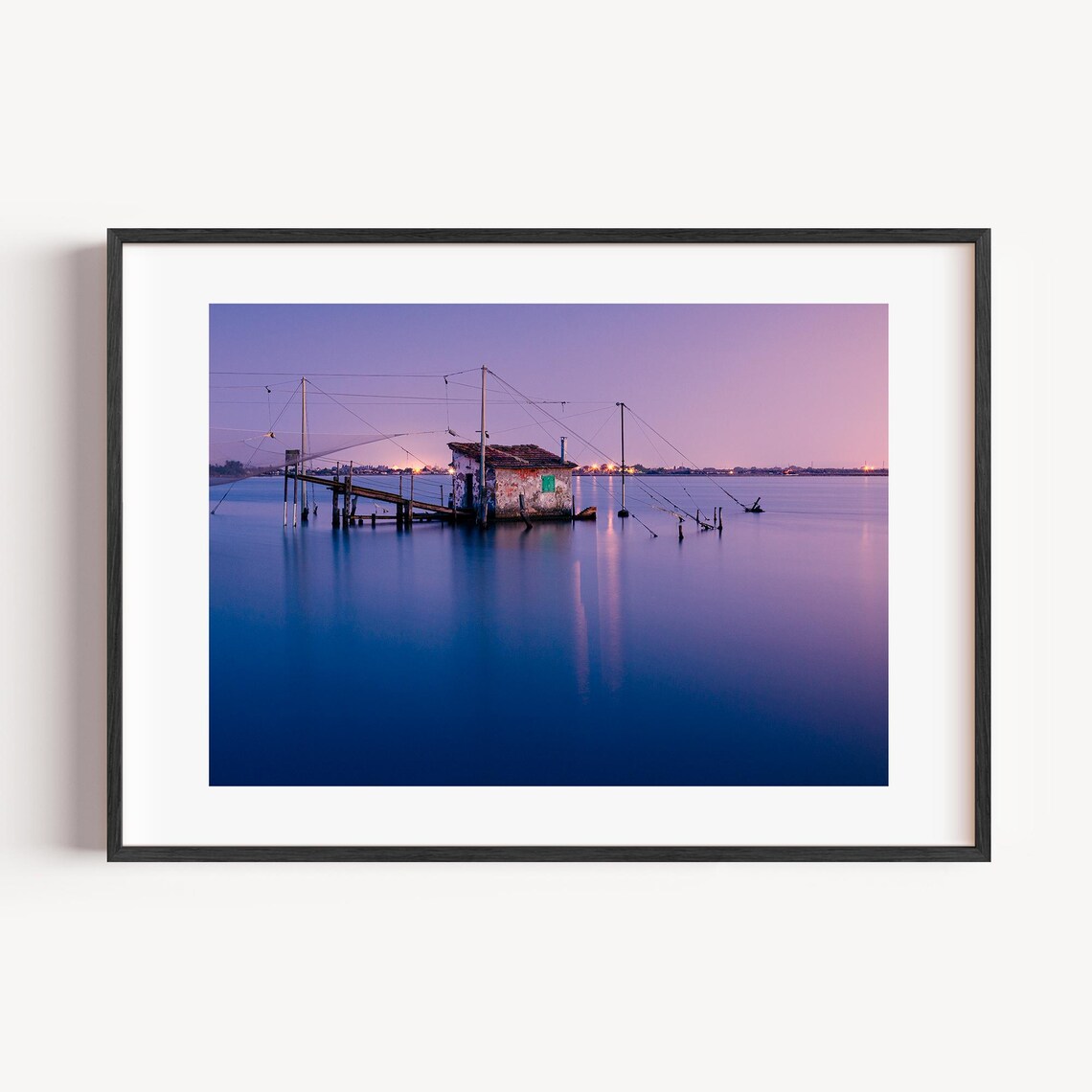 Fishing Hut On Stilts Twilight Seascape Calm Water Photography Art Print