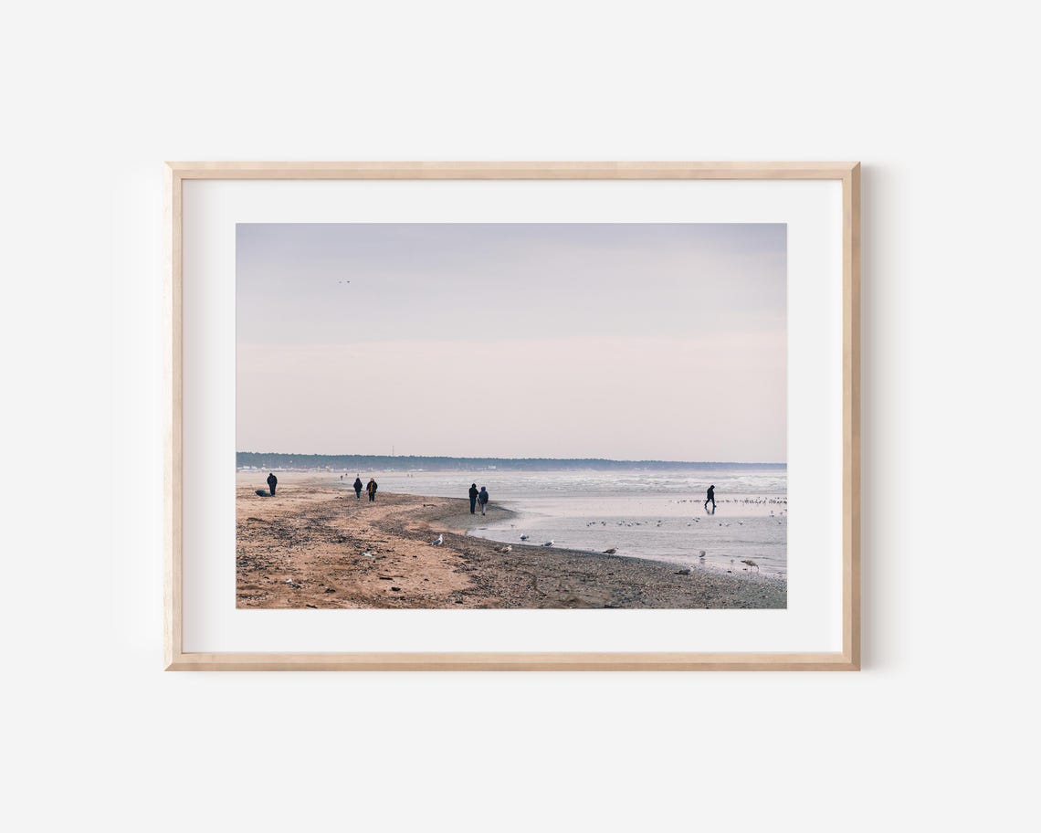 Winter Beach Walk With Seagulls Muted Coastal Photography Poster