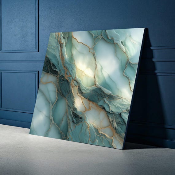 Blue And Gold Marble Canvas Abstract Stone Wall Art Modern Home Decor Luxury Geode Design Ready To Hang