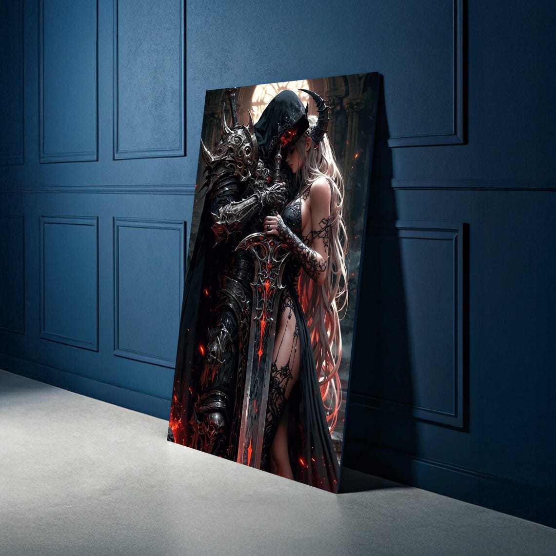 Dark Fantasy Gothic Warrior Embrace Silver Haired Woman Poster