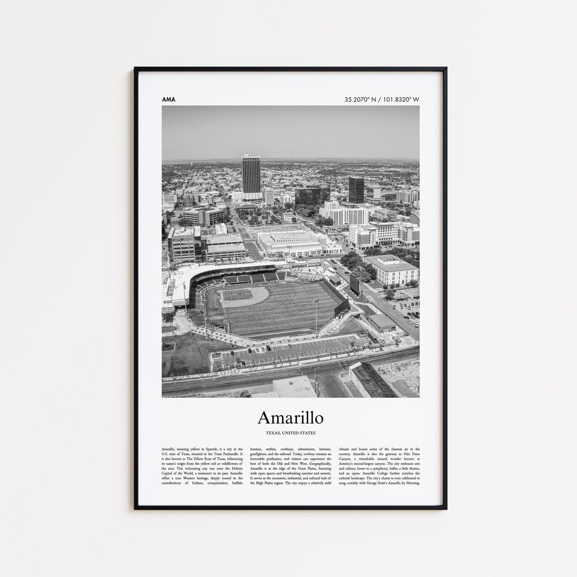 Amarillo Texas Black and White City Stadium Classic Travel Poster
