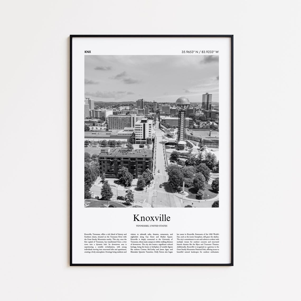 Knoxville Black And White Print Photo Poster Travel Gift Tennessee United States Usa Wall Art