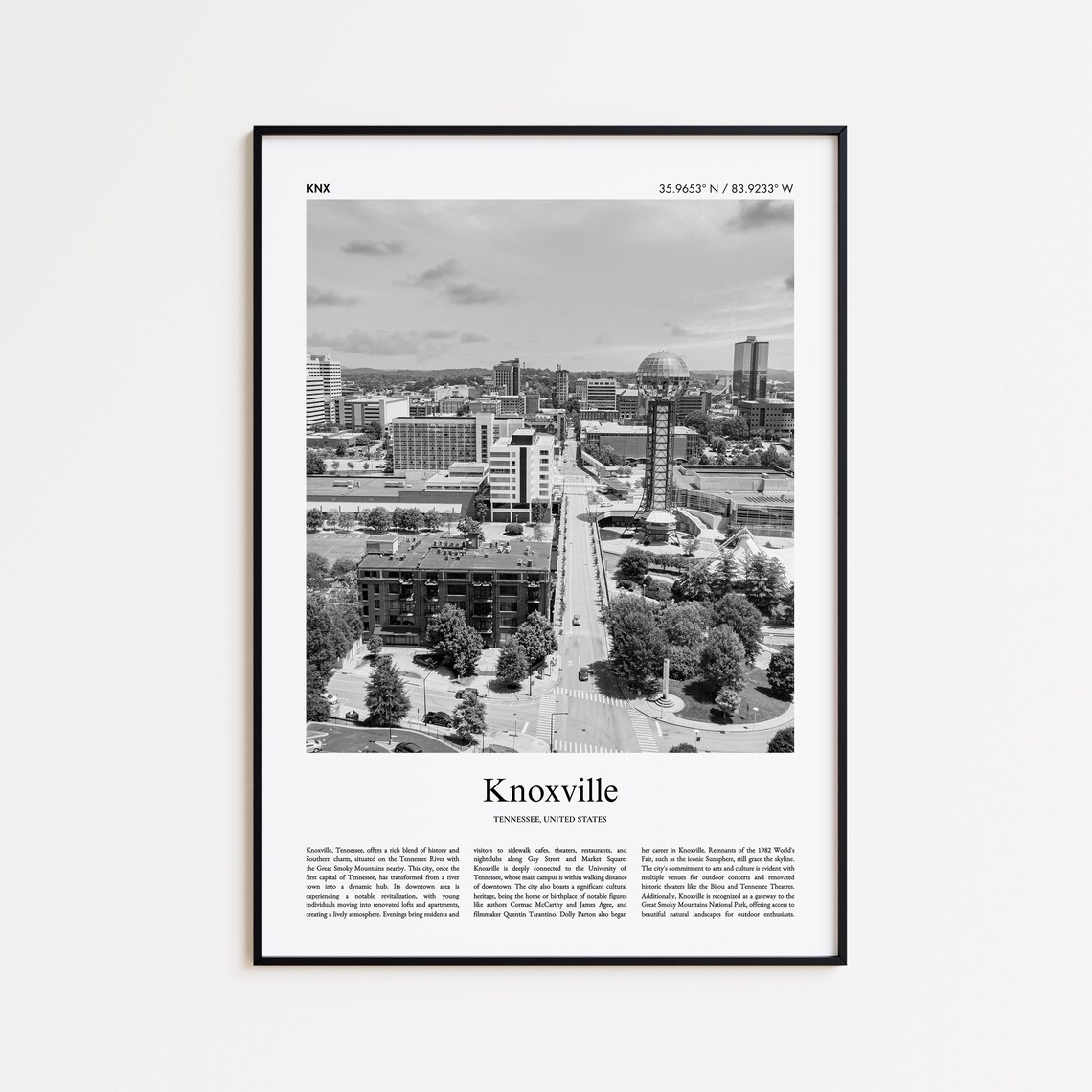 Knoxville Tennessee Black And White Aerial Skyline Sunsphere Photo Poster