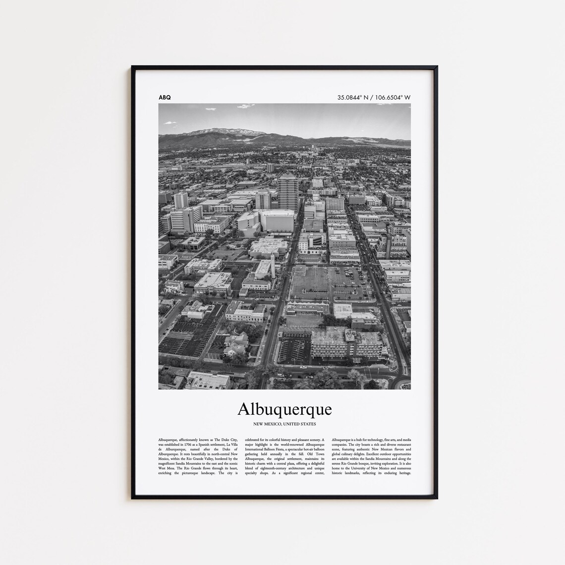 Albuquerque New Mexico Downtown Aerial Black White Travel Print