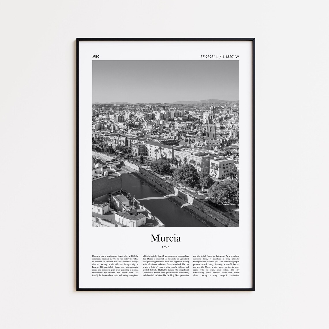Murcia Spain Black White Aerial Cathedral City View Photo Poster