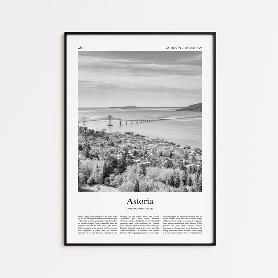 Astoria Oregon Black and White Travel Poster Columbia River Bridge Photo