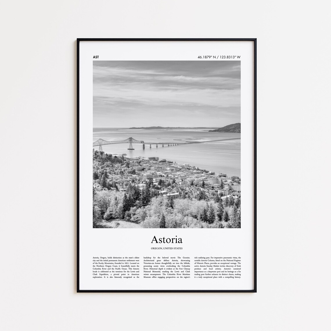 Astoria Oregon Black and White Travel Poster Columbia River Bridge Photo