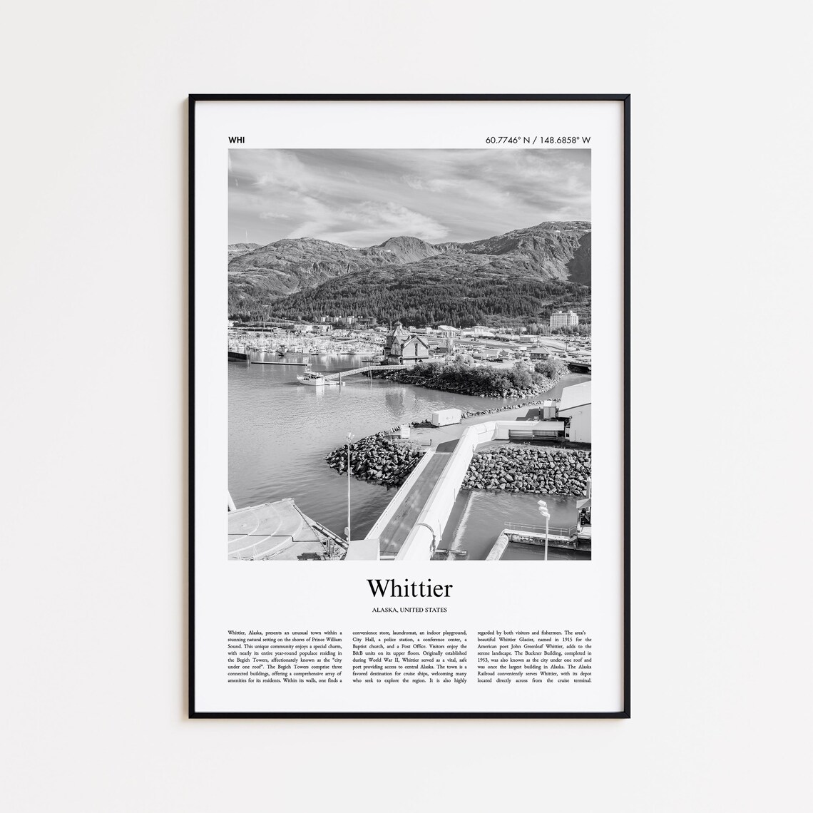 Whittier Alaska Black and White Harbor Mountains Travel Poster