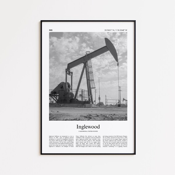 Inglewood California Oil Pumpjack Black And White Photo Travel Poster