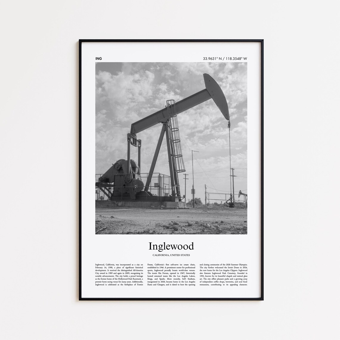 Inglewood California Oil Pumpjack Black And White Photo Travel Poster
