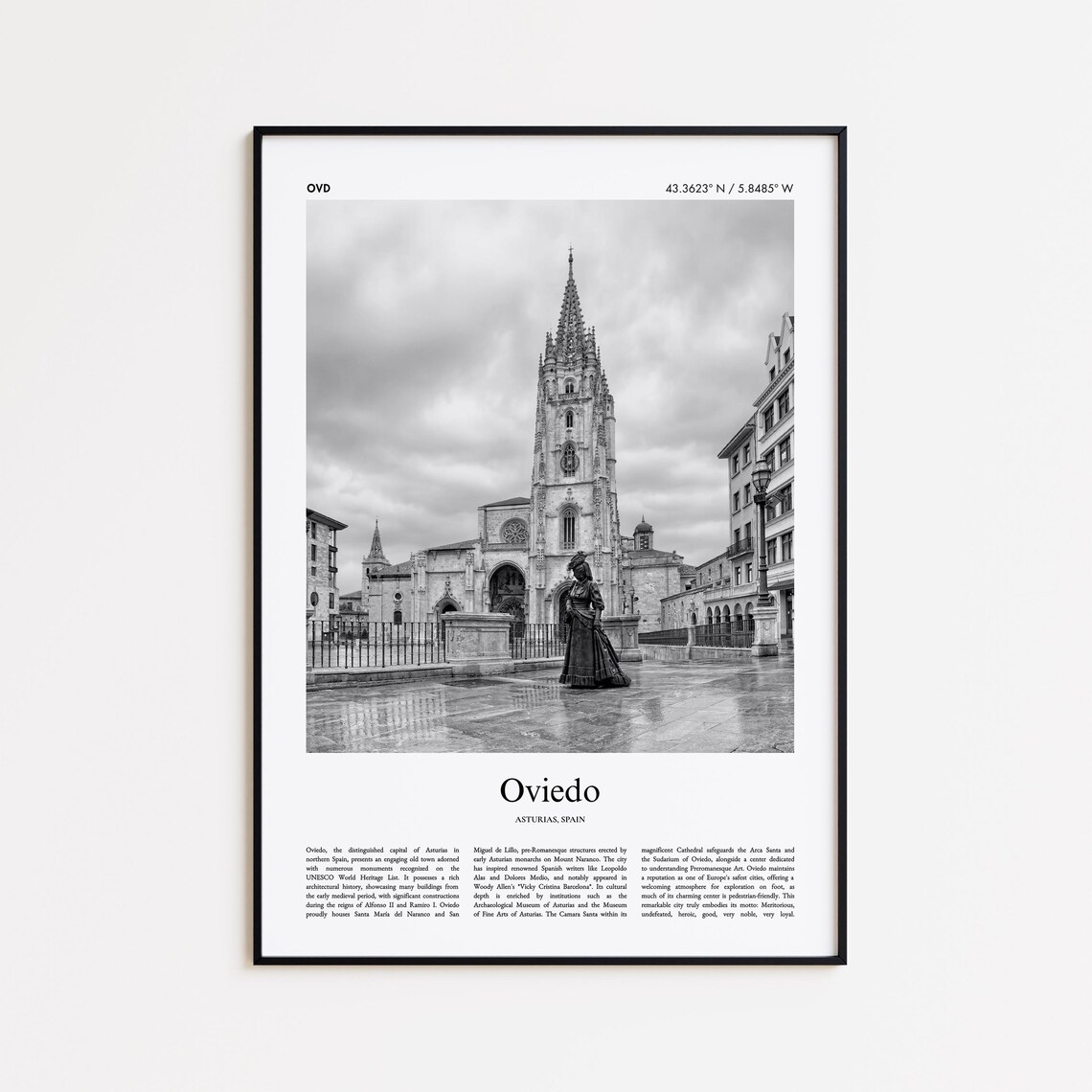 Oviedo Spain Black And White Historic Cathedral Photo Travel Poster
