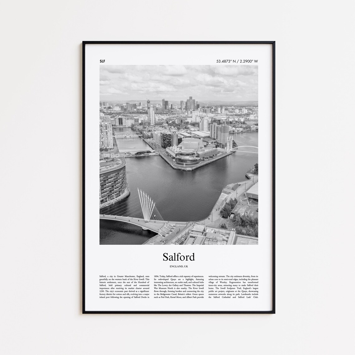 Salford England Black and White Quays Aerial Photo Travel Poster