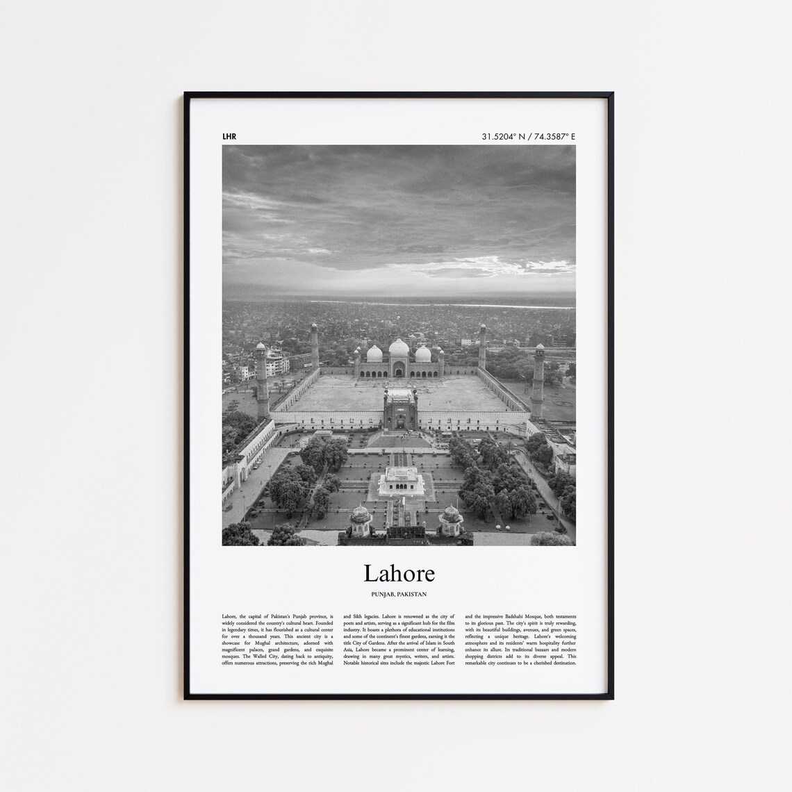 Lahore Pakistan Black and White Mosque Aerial Photo Travel Poster