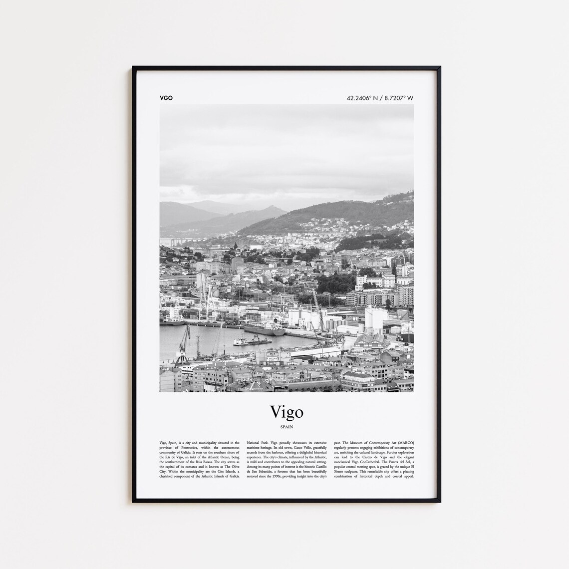 Vigo Spain Port Harbor Old City Black And White Travel Poster