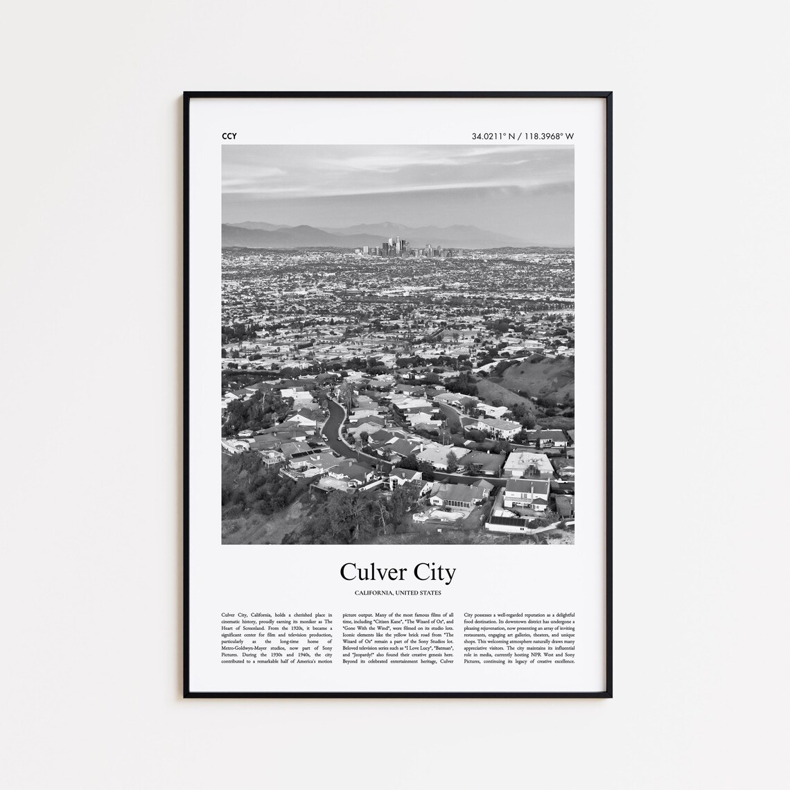 Culver City California Black And White Aerial City Photo Poster