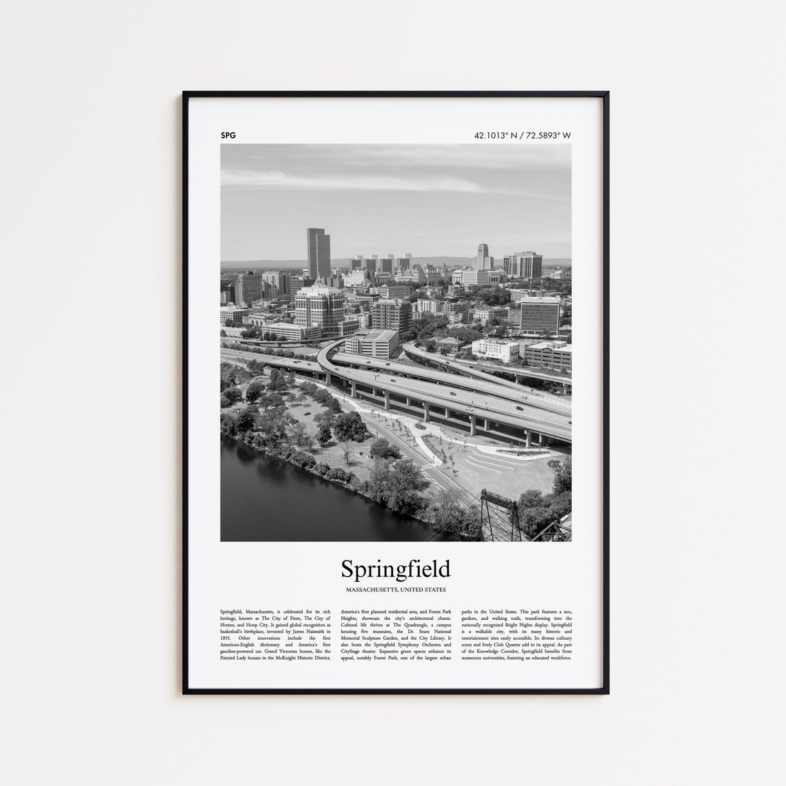 Springfield Massachusetts Black White City Skyline Photo Poster