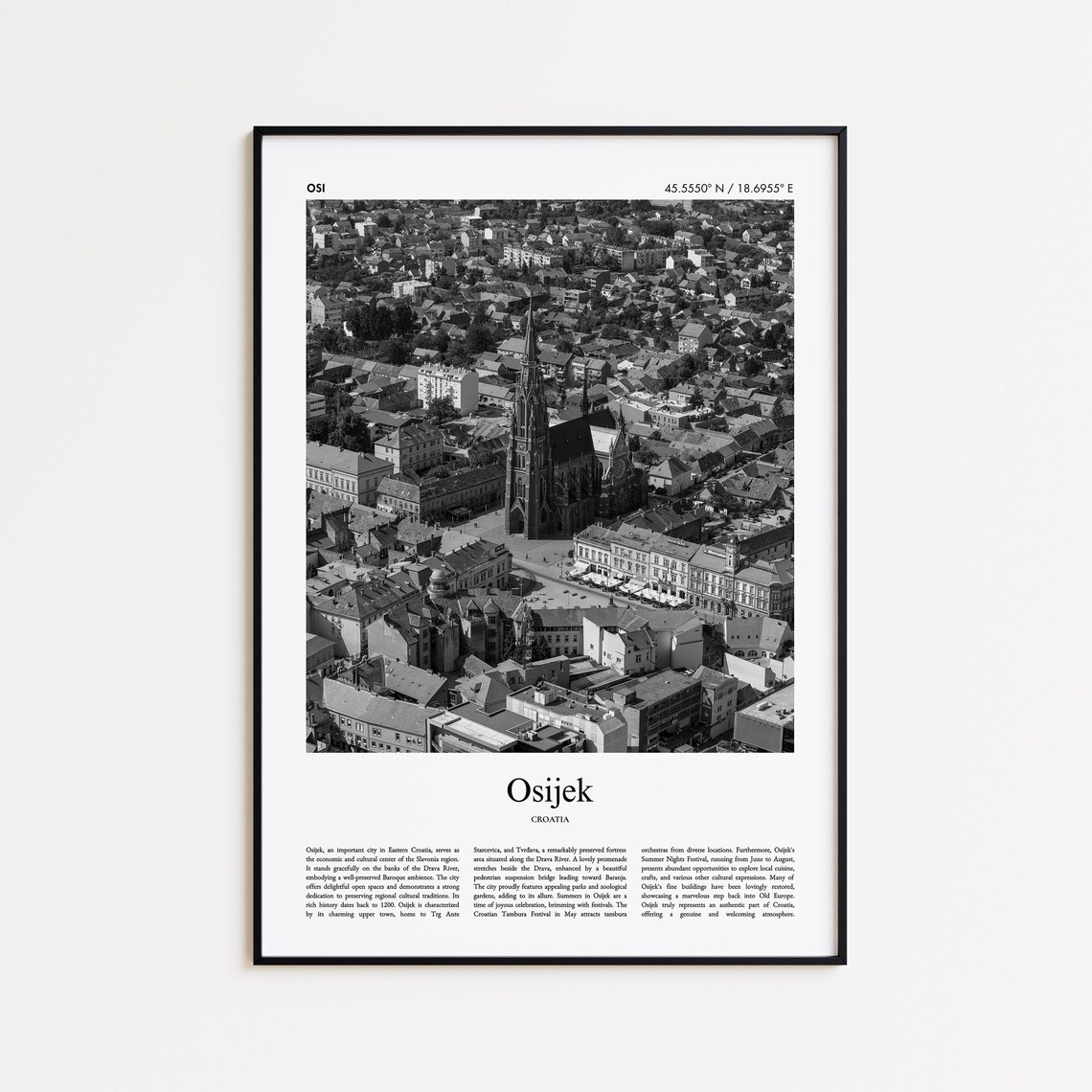Osijek Croatia Black and White Aerial Cityscape Travel Poster