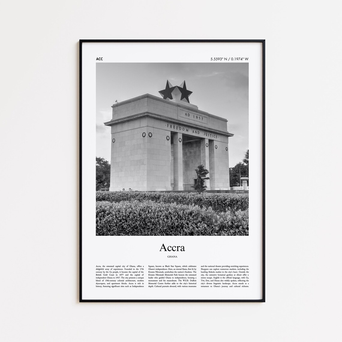 Accra Ghana Black and White Independence Arch Travel Photography Poster